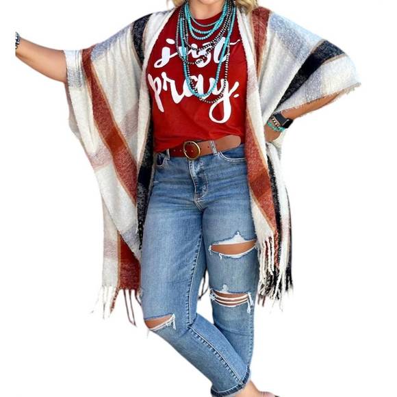 NEW TEXAS TRUE THREADS plaid stacie plaid kimono in ivory multi - Picture 2 of 3